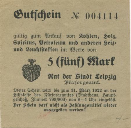 Leipzig - Fürsorgeamt - - 31.3.1922 - 5 Mark 