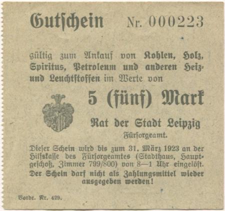 Leipzig - Fürsorgeamt - - 31.3.1923 - 5 Mark 