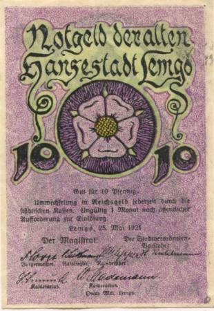 Lemgo - Stadt - 25.5.1921 - 10 Pfennig 