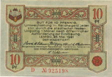 Lemgo - Stadt - 25.5.1921 - 10 Pfennig 