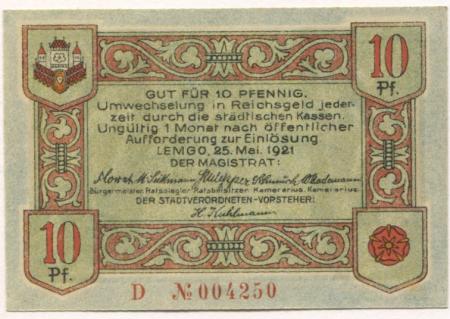 Lemgo - Stadt - 25.5.1921 - 10 Pfennig 