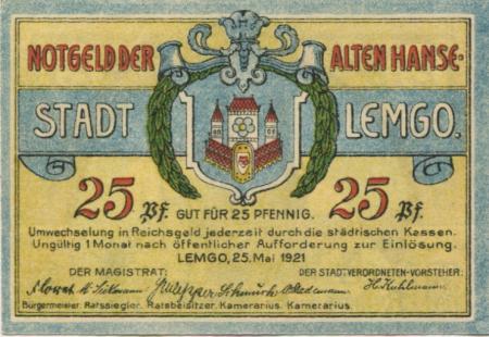 Lemgo - Stadt - 25.5.1921 - 25 Pfennig 