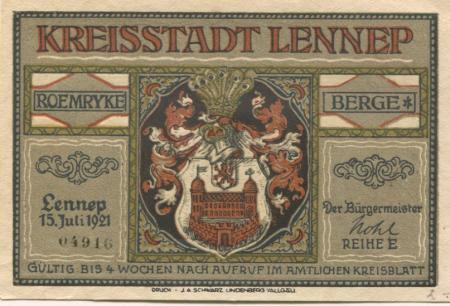 Lennep (heute: Remscheid) - Stadt - 15.7.1921 - 75 Pfennig 
