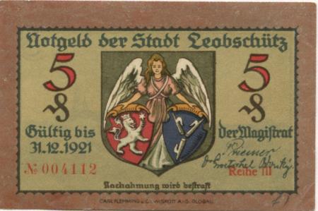 Leobschütz (heute: PL-Glubczyce) - Stadt - 31.12.1921 - 5 Pfennig 