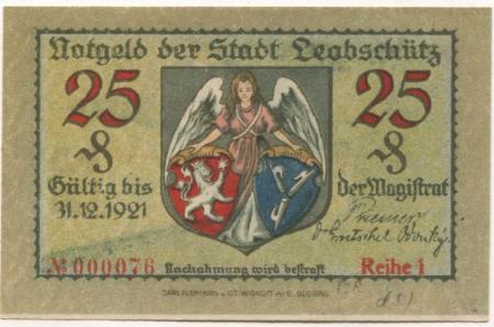 Leobschütz (heute: PL-Glubczyce) - Stadt - 31.12.1921 - 25 Pfennig 