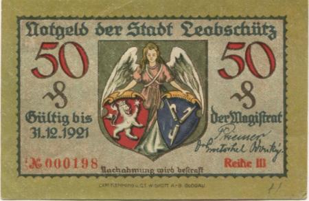 Leobschütz (heute: PL-Glubczyce) - Stadt - 31.12.1921 - 50 Pfennig 