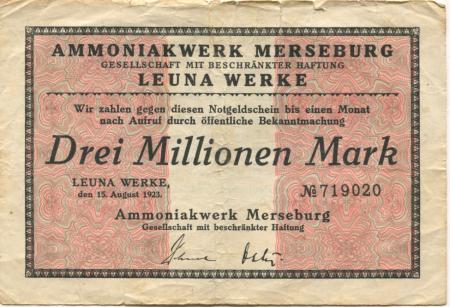 Leuna - Badische Anilin- und Soda-Fabrik, Ammoniakwerk Merseburg GmbH, Leuna-Werk - 15.8.1923 - 3 Millionen Mark 