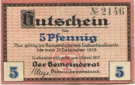 Liebertwolkwitz (heute: Leipzig) - Gemeinde - 1.4.1917 - 31.12.1918 - 5 Pfennig 