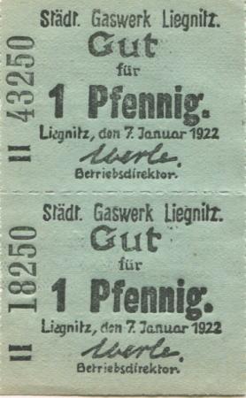 Liegnitz (heute: PL-Legnica) - Städtisches Gaswerk - 7.1.1922 - (2) Pfennig 