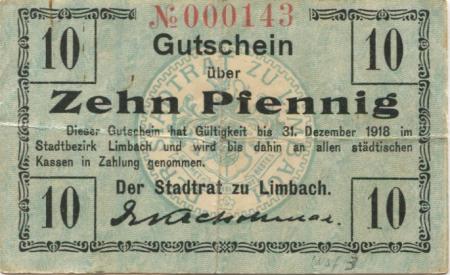 Limbach (heute: Limbach-Oberfrohna) - Stadt - - 31.12.1918 - 10 Pfennig 
