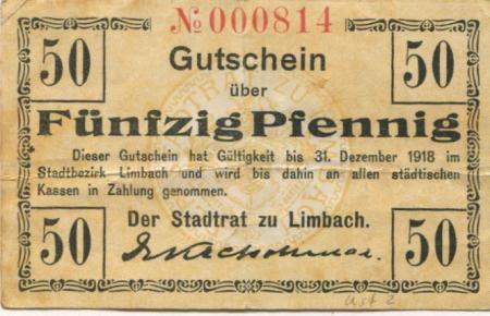 Limbach (heute: Limbach-Oberfrohna) - Stadt - - 31.12.1918 - 50 Pfennig 