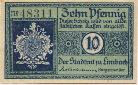 Limbach (heute: Limbach-Oberfrohna) - Stadt - - 31.12.1919 - 10 Pfennig 
