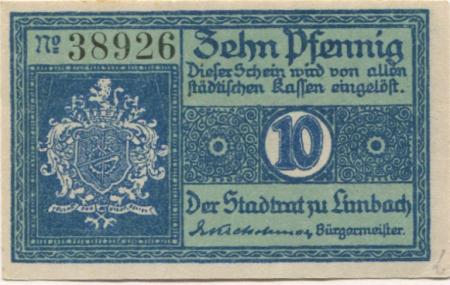 Limbach (heute: Limbach-Oberfrohna) - Stadt - - 31.12.1919 - 10 Pfennig 