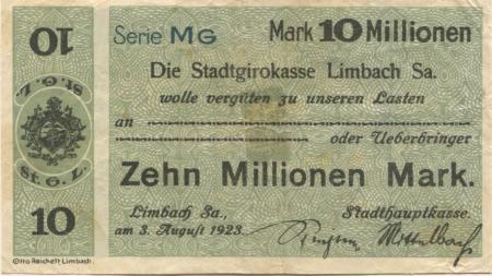 Limbach (heute: Limbach-Oberfrohna) - Stadt - 3.8.1923 - 10 Millionen Mark 
