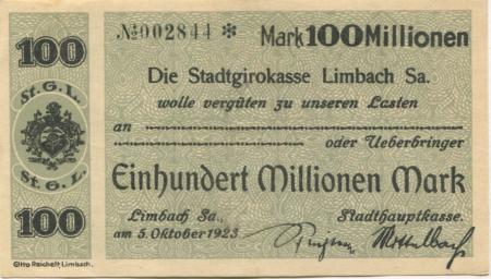 Limbach (heute: Limbach-Oberfrohna) - Stadt - 5.10.1923 - 100 Millionen Mark 