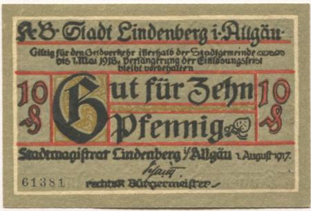 Lindenberg - Stadt - 1.8.1917 - 1.5.1918 - 10 Pfennig 