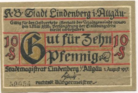 Lindenberg - Stadt - 1.8.1917 - 1.5.1918 - 10 Pfennig 