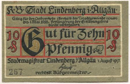 Lindenberg - Stadt - 1.8.1917 - 1.5.1918 - 10 Pfennig 