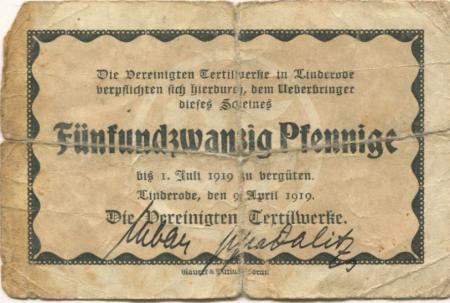 Linderode (heute: PL-Lipinki Luzyckie) - Vereinigte Textilwerke GmbH - 9.4.1919 - 1.7.1919 - 25 Pfennig 