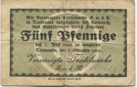 Linderode (heute: PL-Lipinki Luzyckie) - Vereinigte Textilwerke GmbH - 1.10.1919 - 1.7.1920 - 5 Pfennig 