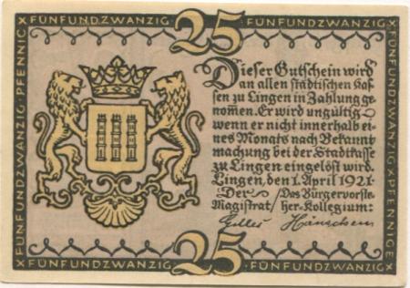 Lingen - Stadt - 1.4.1921 - 25 Pfennig 