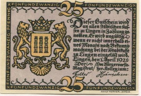 Lingen - Stadt - 1.4.1921 - 25 Pfennig 