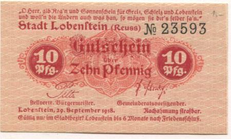 Lobenstein - Stadt - 29.9.1918 - 10 Pfennig 