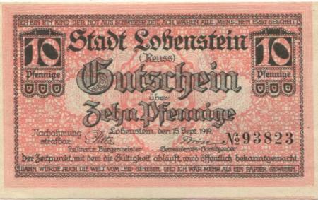 Lobenstein - Stadt - 15.9.1919 - 10 Pfennig 