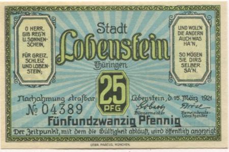 Lobenstein - Stadt - 15.3.1921 - 25 Pfennig 