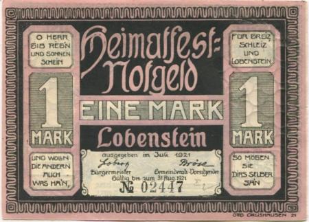 Lobenstein - Stadt - Juli 1921 - 31.8.1921 - 1 Mark 