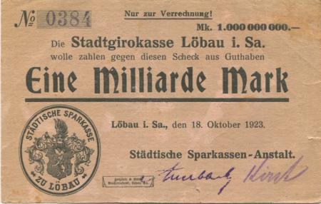 Löbau - Städtische Sparkassen-Anstalt - 18.10.1923 - 1 Milliarde Mark 