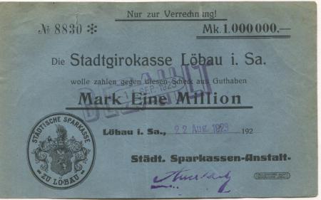 Löbau - Städtische Sparkassen-Anstalt - 22.8.1923 - 1 Million Mark 
