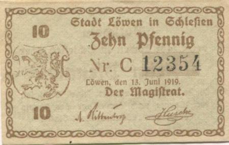 Löwen (heute: PL.Lewin Brzeski) - Stadt - 13.6.1919 - 10 Pfennig 