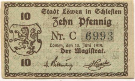 Löwen (heute: PL.Lewin Brzeski) - Stadt - 13.6.1919 - 10 Pfennig 