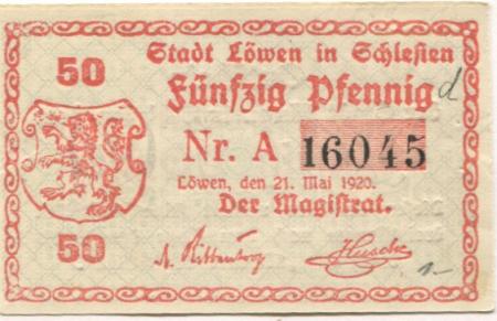Löwen (heute: PL.Lewin Brzeski) - Stadt - 21.5.1920 - 50 Pfennig 