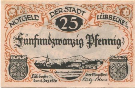 Lübbecke - Stadt - 8.12.1920 - 25 Pfennig 