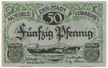 Lübbecke - Stadt - 8.12.1920 - 50 Pfennig 