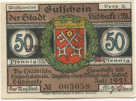 Lübbecke - Stadt - Juli 1921 - 50 Pfennig 