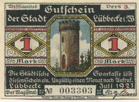 Lübbecke - Stadt - Juli 1921 - 1 Mark 