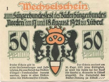 Lübeck - Bäcker-Innung, Liedertafel - 17./18.8.1921 - 50 Pfennig 