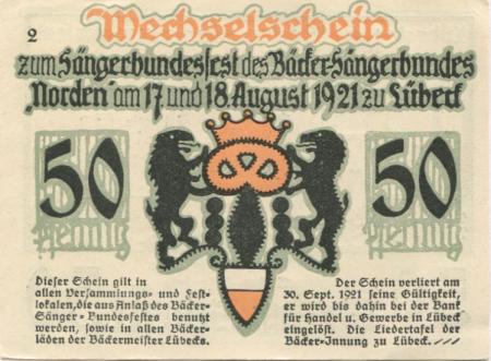 Lübeck - Bäcker-Innung, Liedertafel - 17./18.8.1921 - 50 Pfennig 