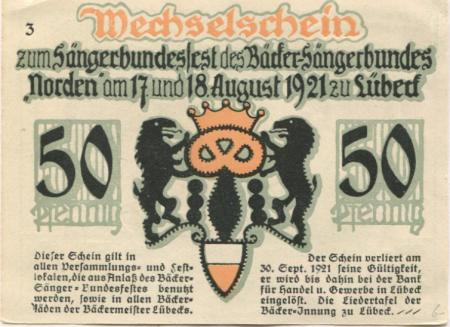 Lübeck - Bäcker-Innung, Liedertafel - 17./18.8.1921 - 50 Pfennig 