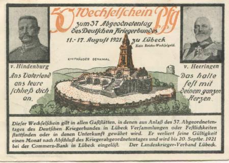 Lübeck - Landeskrieger-Verband - 11.8.1921 - 20.9.1921 - 50 Pfennig 