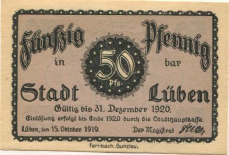 Lüben (heute: PL-Lubin) - Stadt - 15.10.1919 - 31.12.1920 - 50 Pfennig 