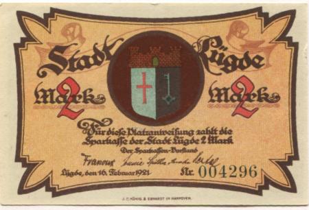 Lügde - Stadt - 16.2.1921 - 2 Mark 