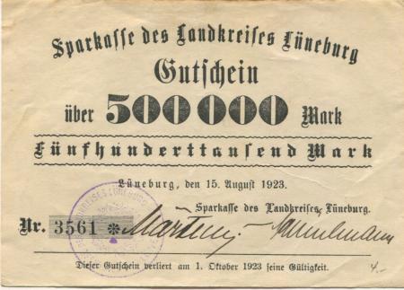 Lüneburg - Kreis-Sparkasse - 15.8.1923 - 1.10.1923 - 500000 Mark 
