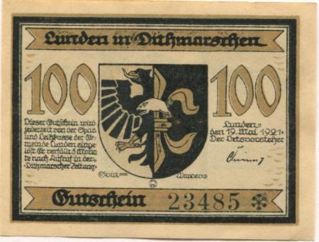 Lunden - Gemeinde- 19.5.1921 - 100 Pfennig 
