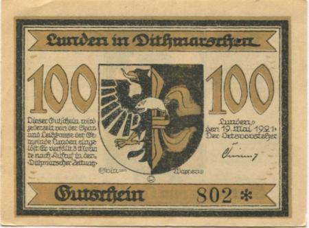 Lunden - Gemeinde- 19.5.1921 - 100 Pfennig 