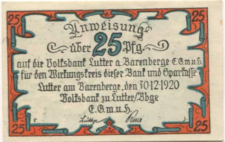 Lutter - Volksbank EGmuH - 30.12.1920 - 25 Pfennig 