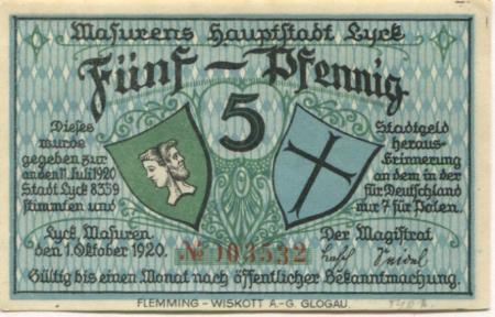 Lyck (heute: PL-Elk) - Stadt - 1.10.1920 - 5 Pfennig 